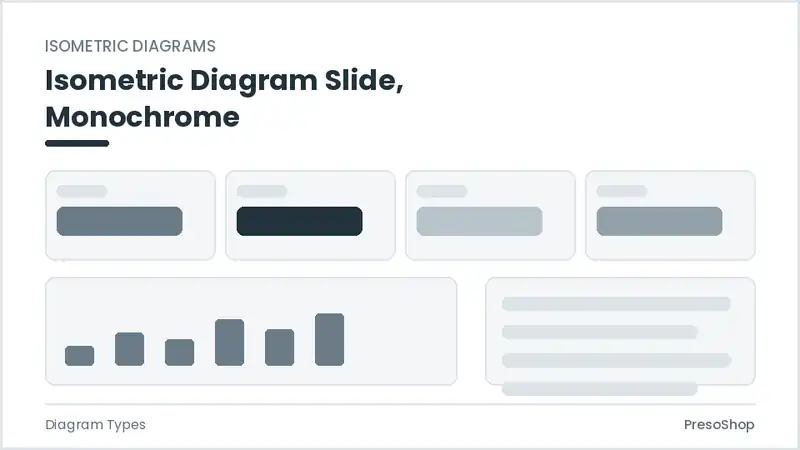 Editable PowerPoint isometric diagram slide template in a monochrome treatment, built from recolourable native shapes for diagram types decks
