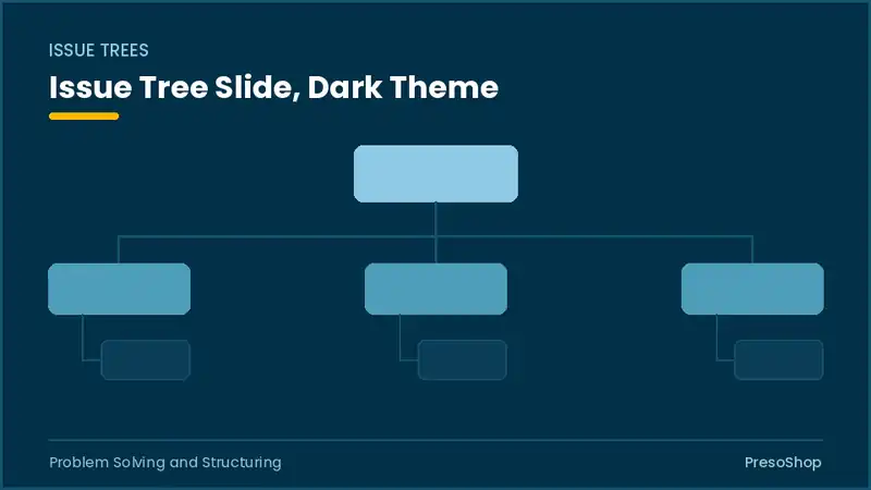 Editable PowerPoint issue tree slide template in a dark theme, built from recolourable native shapes for problem solving and structuring decks