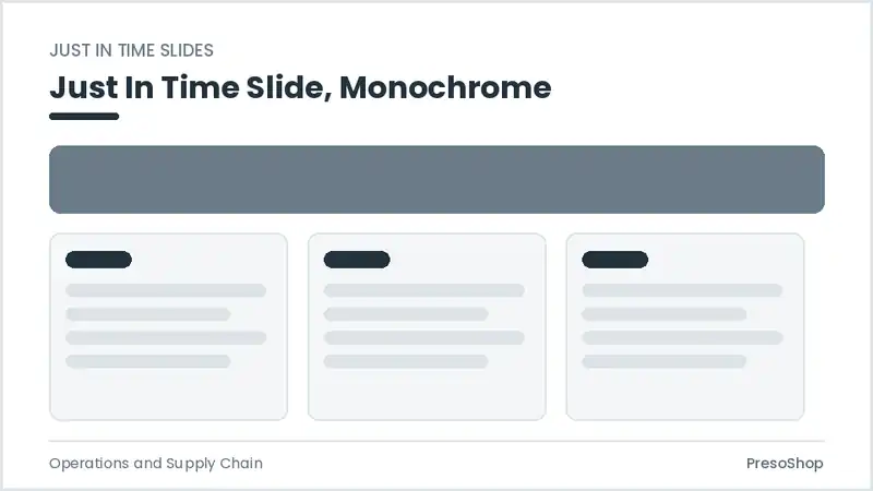 Editable PowerPoint just in time slide template in a monochrome treatment, built from recolourable native shapes for operations and supply chain decks