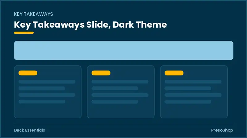 Editable PowerPoint key takeaways slide template in a dark theme, built from recolourable native shapes for deck essentials decks