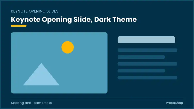 Editable PowerPoint keynote opening slide template in a dark theme, built from recolourable native shapes for meeting and team decks decks