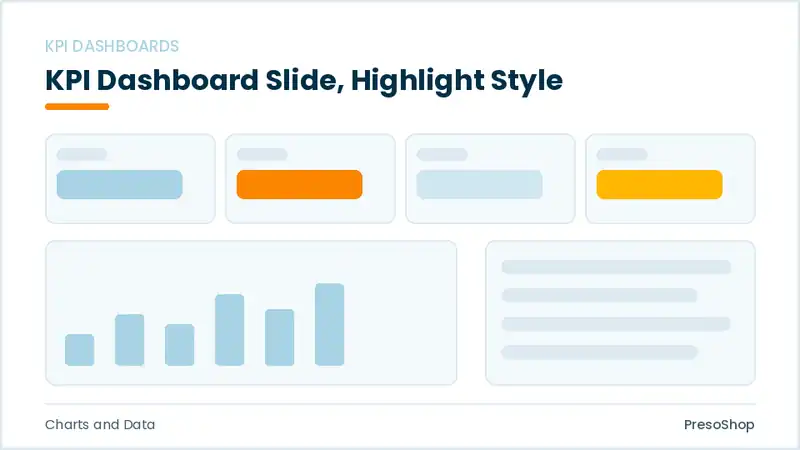 Editable PowerPoint kpi dashboard slide template with an accented takeaway, built from recolourable native shapes for charts and data decks