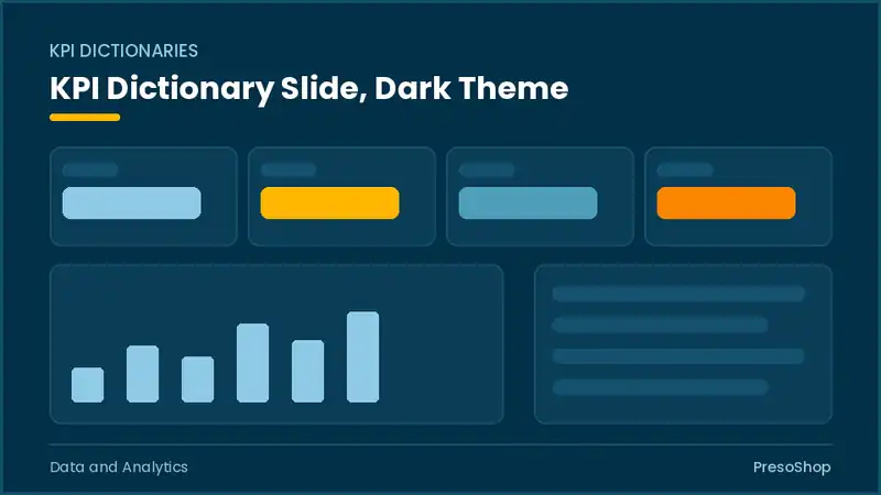Editable PowerPoint kpi dictionary slide template in a dark theme, built from recolourable native shapes for data and analytics decks