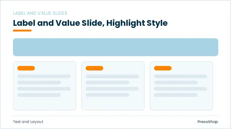 Editable PowerPoint label and value slide template with an accented takeaway, built from recolourable native shapes for text and layout decks