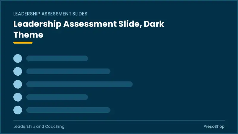 Editable PowerPoint leadership assessment slide template in a dark theme, built from recolourable native shapes for leadership and coaching decks