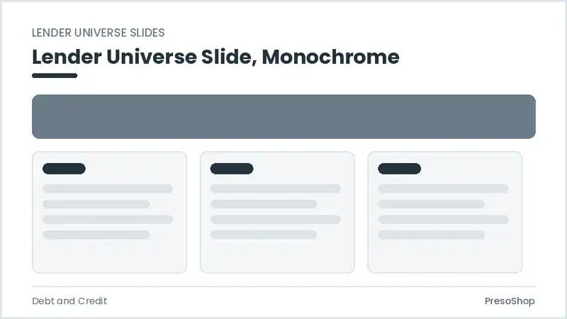 Editable PowerPoint lender universe slide template in a monochrome treatment, built from recolourable native shapes for debt and credit decks