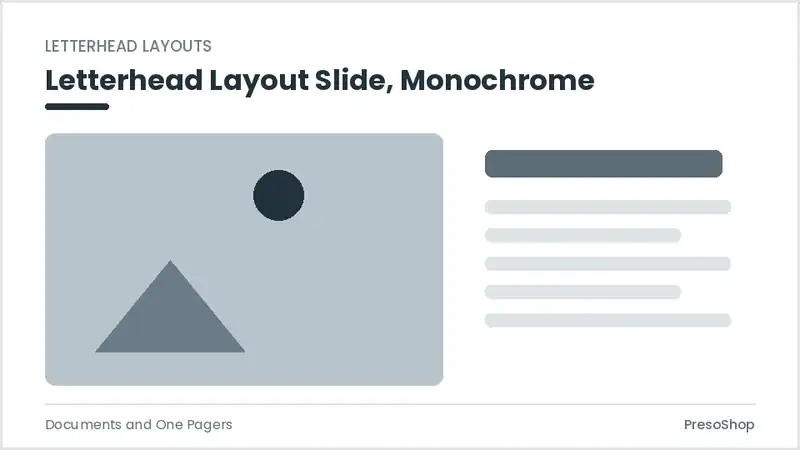 Editable PowerPoint letterhead layout slide template in a monochrome treatment, built from recolourable native shapes for documents and one pagers decks