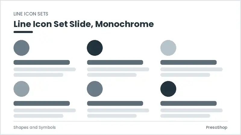 Editable PowerPoint line icon set slide template in a monochrome treatment, built from recolourable native shapes for shapes and symbols decks