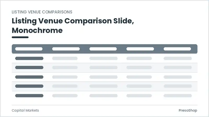 Editable PowerPoint listing venue comparison slide template in a monochrome treatment, built from recolourable native shapes for capital markets decks