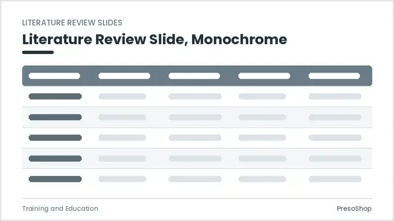 Editable PowerPoint literature review slide template in a monochrome treatment, built from recolourable native shapes for training and education decks