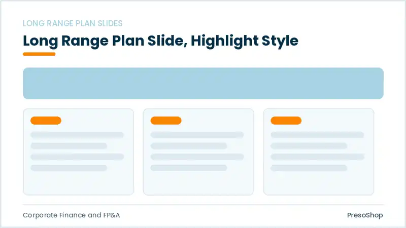Editable PowerPoint long range plan slide template with an accented takeaway, built from recolourable native shapes for corporate finance and fp&a decks