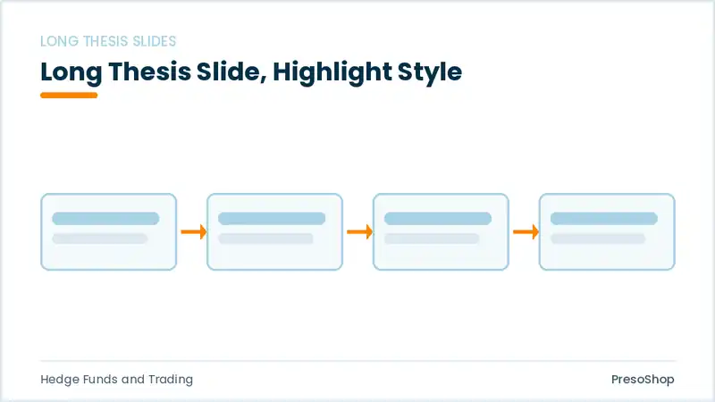 Editable PowerPoint long thesis slide template with an accented takeaway, built from recolourable native shapes for hedge funds and trading decks