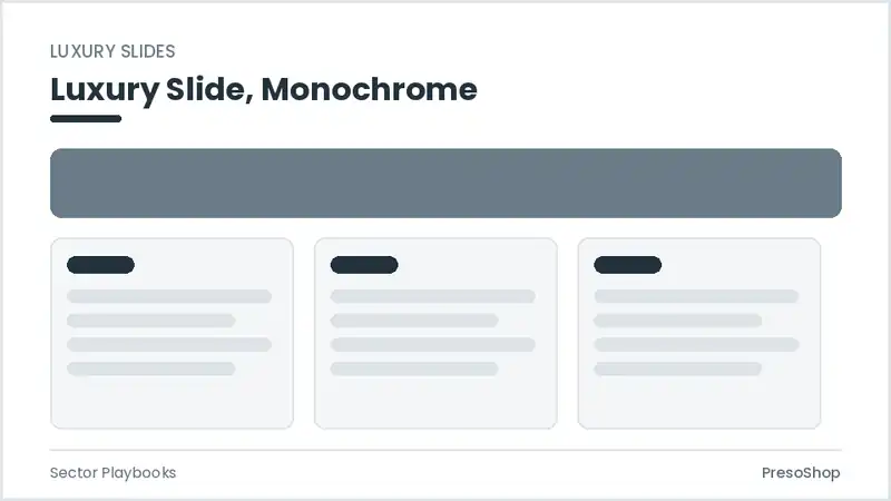 Editable PowerPoint luxury slide template in a monochrome treatment, built from recolourable native shapes for sector playbooks decks