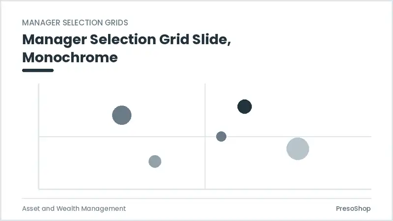 Editable PowerPoint manager selection grid slide template in a monochrome treatment, built from recolourable native shapes for asset and wealth management decks