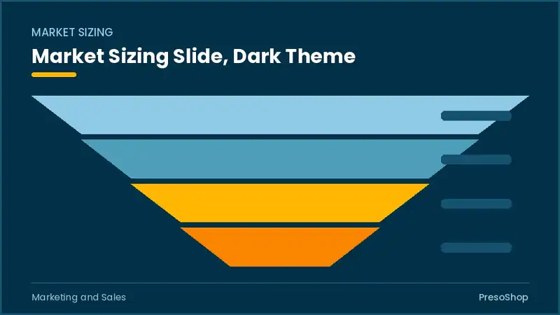 Editable PowerPoint market sizing slide template in a dark theme, built from recolourable native shapes for marketing and sales decks