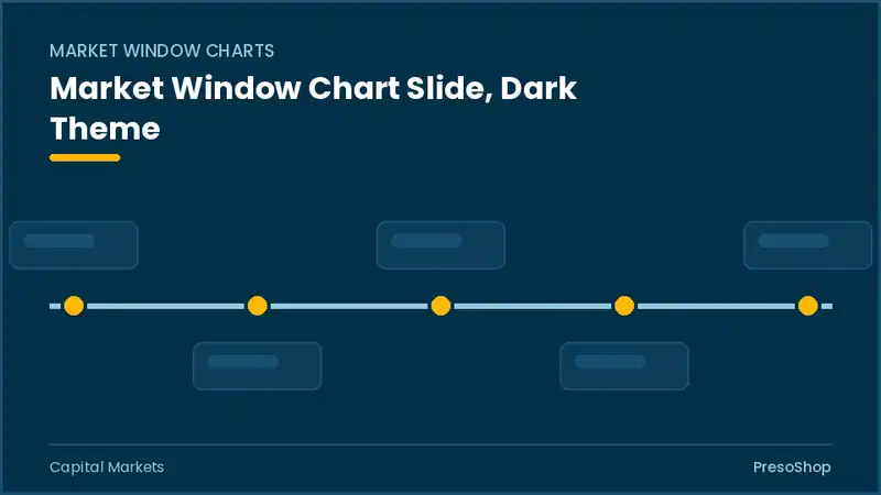 Editable PowerPoint market window chart slide template in a dark theme, built from recolourable native shapes for capital markets decks