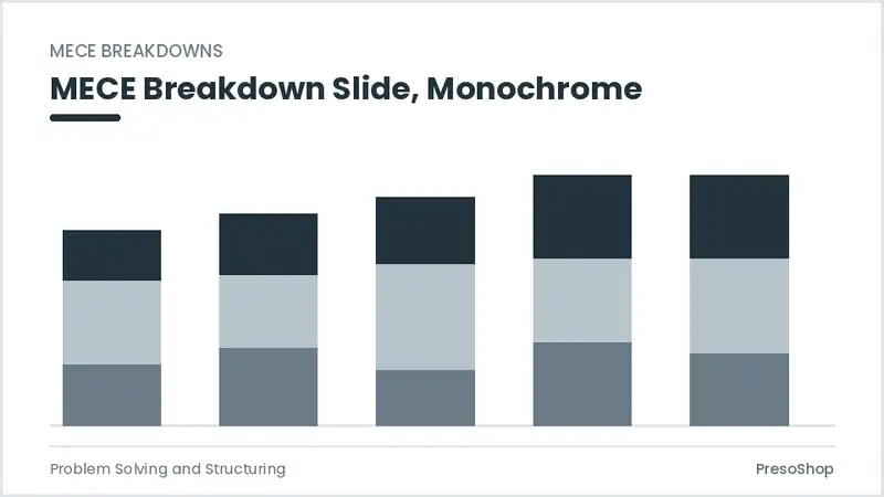 Editable PowerPoint mece breakdown slide template in a monochrome treatment, built from recolourable native shapes for problem solving and structuring decks