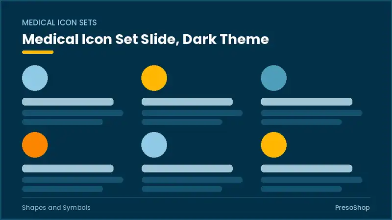 Editable PowerPoint medical icon set slide template in a dark theme, built from recolourable native shapes for shapes and symbols decks