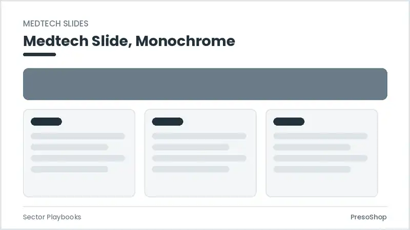 Editable PowerPoint medtech slide template in a monochrome treatment, built from recolourable native shapes for sector playbooks decks