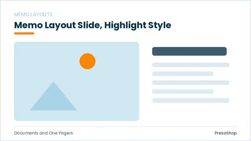 Editable PowerPoint memo layout slide template with an accented takeaway, built from recolourable native shapes for documents and one pagers decks