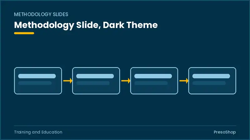 Editable PowerPoint methodology slide template in a dark theme, built from recolourable native shapes for training and education decks