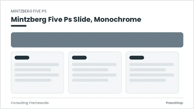 Editable PowerPoint mintzberg five ps slide template in a monochrome treatment, built from recolourable native shapes for consulting frameworks decks