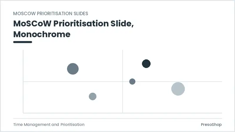 Editable PowerPoint moscow prioritisation slide template in a monochrome treatment, built from recolourable native shapes for time management and prioritisation decks