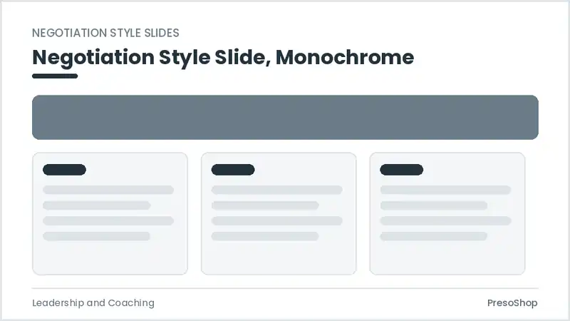 Editable PowerPoint negotiation style slide template in a monochrome treatment, built from recolourable native shapes for leadership and coaching decks