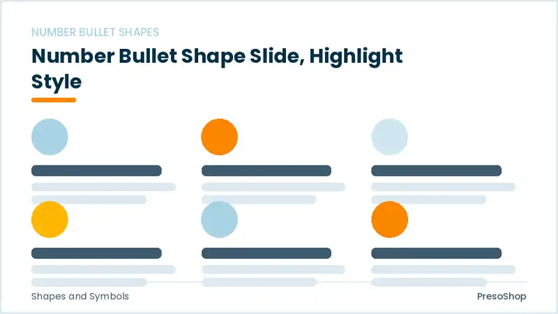 Editable PowerPoint number bullet shape slide template with an accented takeaway, built from recolourable native shapes for shapes and symbols decks