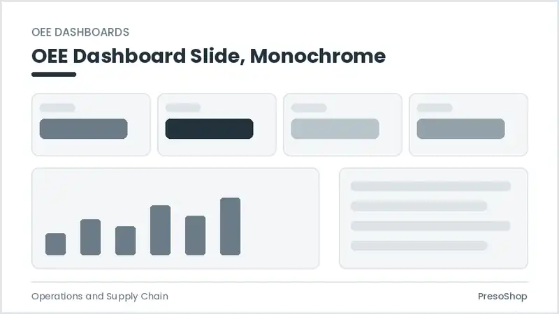 Editable PowerPoint oee dashboard slide template in a monochrome treatment, built from recolourable native shapes for operations and supply chain decks
