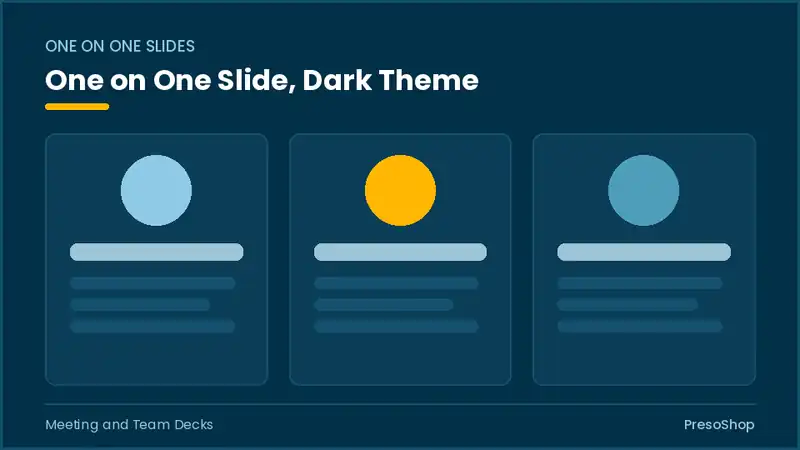 Editable PowerPoint one on one slide template in a dark theme, built from recolourable native shapes for meeting and team decks decks