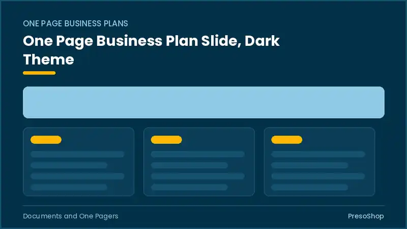 Editable PowerPoint one page business plan slide template in a dark theme, built from recolourable native shapes for documents and one pagers decks