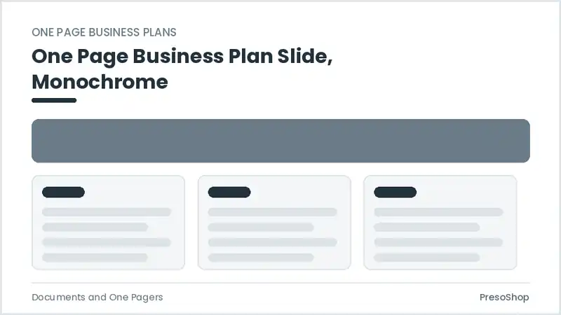 Editable PowerPoint one page business plan slide template in a monochrome treatment, built from recolourable native shapes for documents and one pagers decks