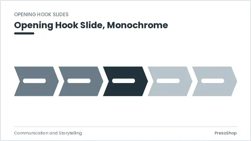 Editable PowerPoint opening hook slide template in a monochrome treatment, built from recolourable native shapes for communication and storytelling decks