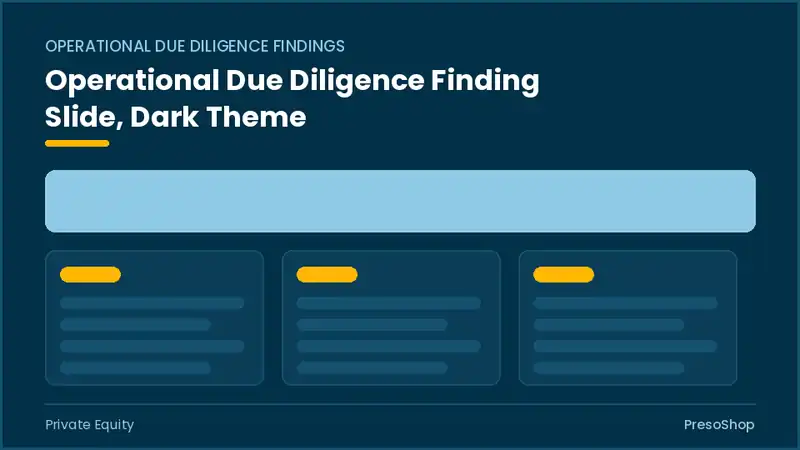 Editable PowerPoint operational due diligence finding slide template in a dark theme, built from recolourable native shapes for private equity decks