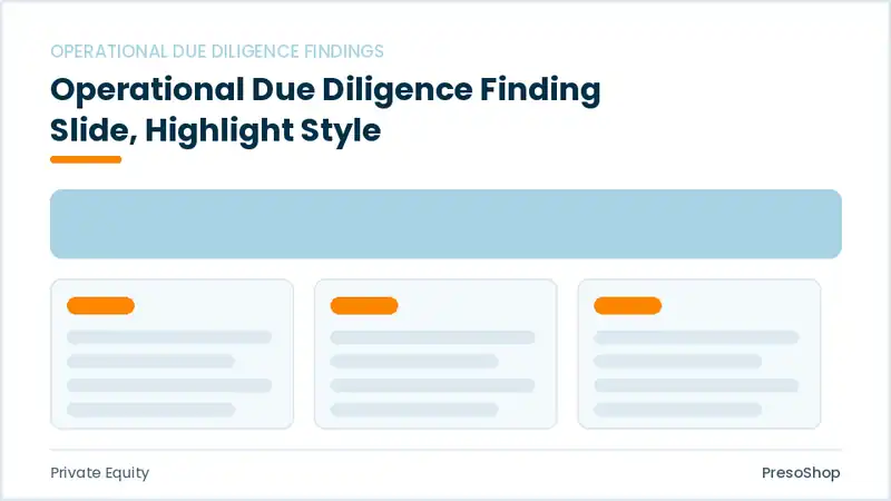 Editable PowerPoint operational due diligence finding slide template with an accented takeaway, built from recolourable native shapes for private equity decks