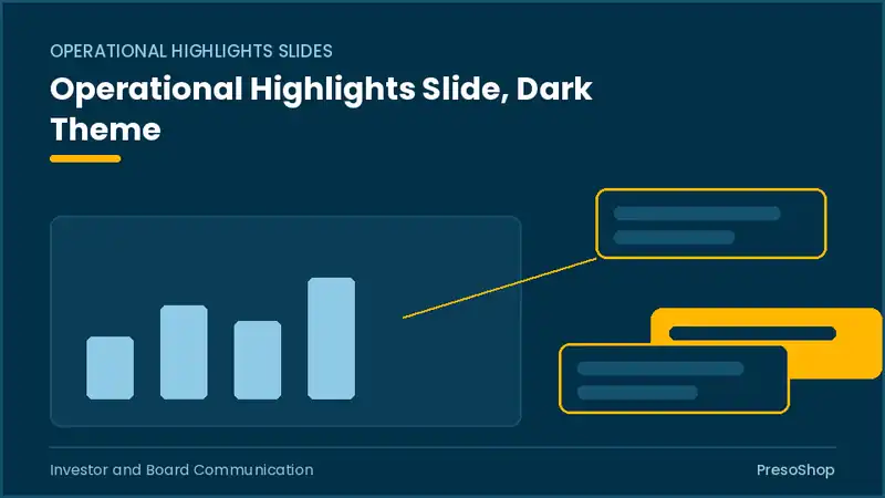 Editable PowerPoint operational highlights slide template in a dark theme, built from recolourable native shapes for investor and board communication decks