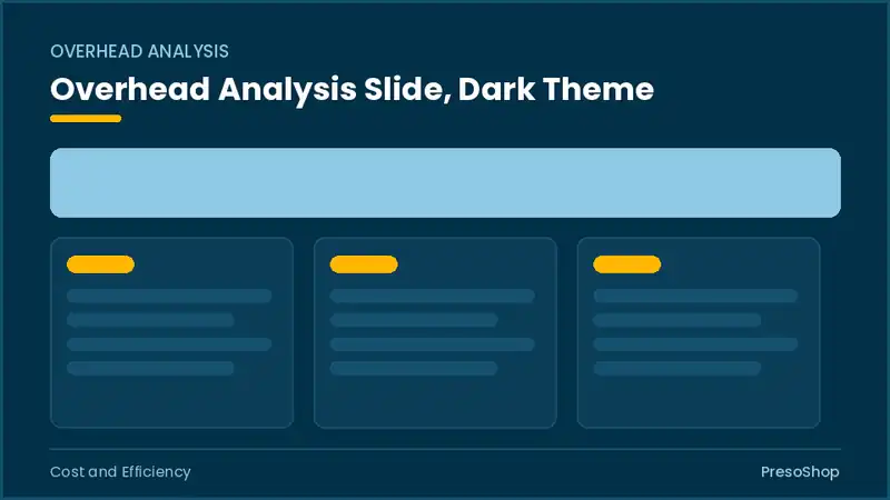 Editable PowerPoint overhead analysis slide template in a dark theme, built from recolourable native shapes for cost and efficiency decks
