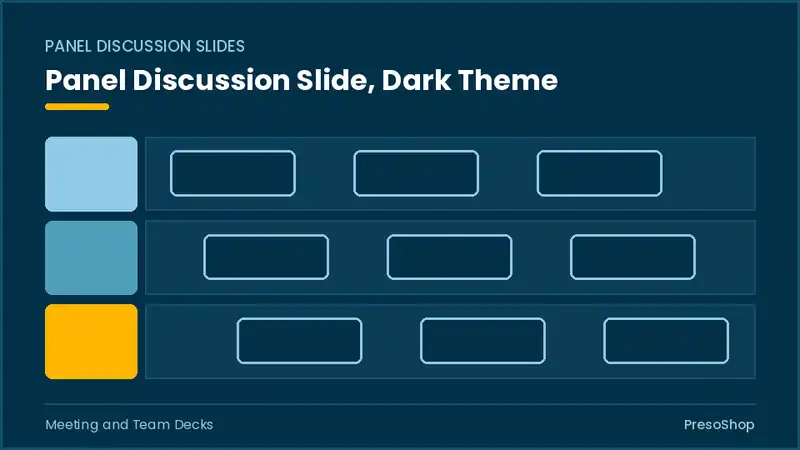 Editable PowerPoint panel discussion slide template in a dark theme, built from recolourable native shapes for meeting and team decks decks