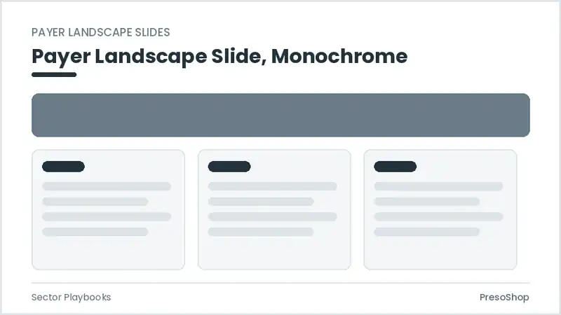 Editable PowerPoint payer landscape slide template in a monochrome treatment, built from recolourable native shapes for sector playbooks decks