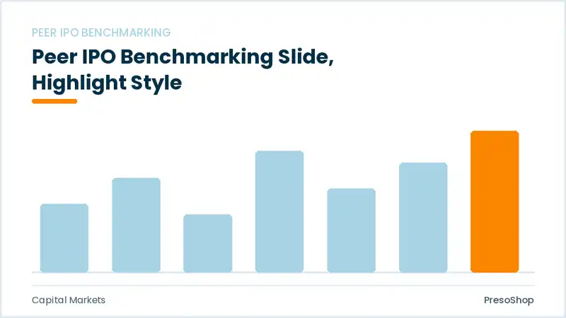 Editable PowerPoint peer ipo benchmarking slide template with an accented takeaway, built from recolourable native shapes for capital markets decks