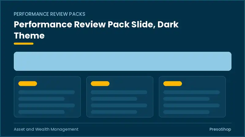 Editable PowerPoint performance review pack slide template in a dark theme, built from recolourable native shapes for asset and wealth management decks