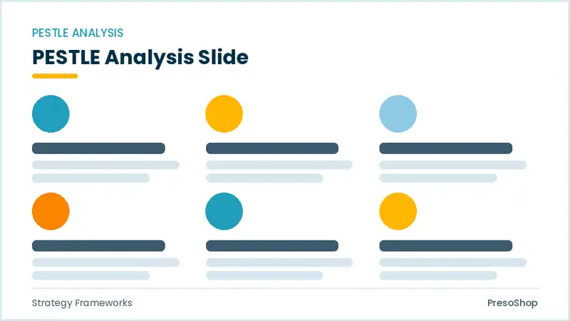 Editable PowerPoint pestle analysis slide template, built from recolourable native shapes for strategy frameworks decks