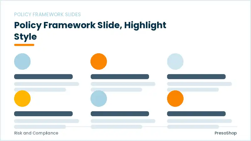Editable PowerPoint policy framework slide template with an accented takeaway, built from recolourable native shapes for risk and compliance decks