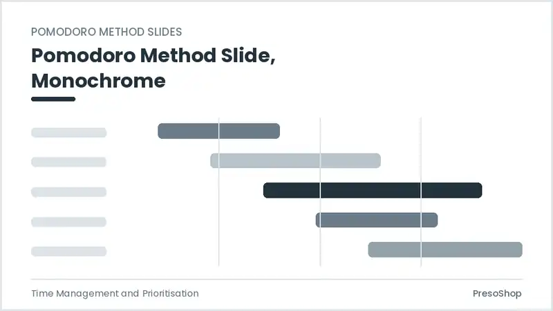 Editable PowerPoint pomodoro method slide template in a monochrome treatment, built from recolourable native shapes for time management and prioritisation decks