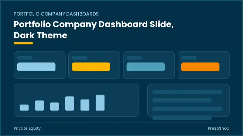 Editable PowerPoint portfolio company dashboard slide template in a dark theme, built from recolourable native shapes for private equity decks