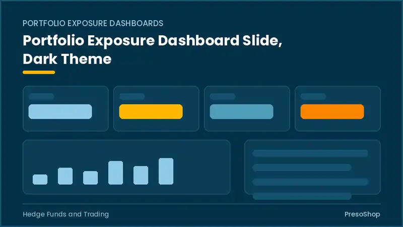 Editable PowerPoint portfolio exposure dashboard slide template in a dark theme, built from recolourable native shapes for hedge funds and trading decks