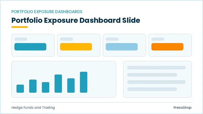 Editable PowerPoint portfolio exposure dashboard slide template, built from recolourable native shapes for hedge funds and trading decks