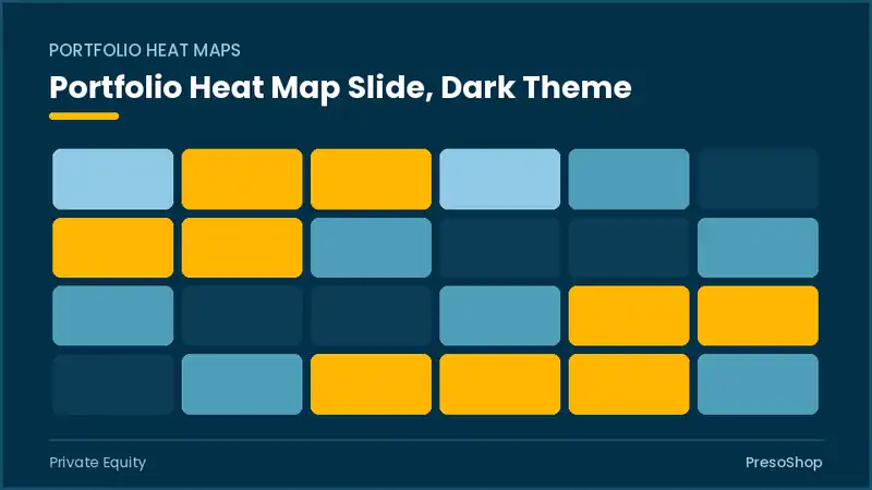 Editable PowerPoint portfolio heat map slide template in a dark theme, built from recolourable native shapes for private equity decks