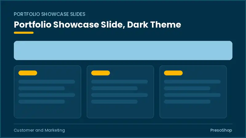 Editable PowerPoint portfolio showcase slide template in a dark theme, built from recolourable native shapes for customer and marketing decks